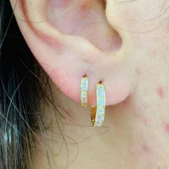 14K Solid Gold Double Huggies Hoop Earrings for Womens Hoop Earrings 14x14 9x9mm - Picture 4 of 4